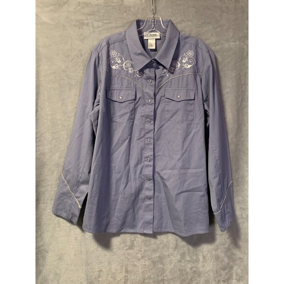 Back in the Saddle Shirt XL Blue Embroidered Flower Pearl Snap Western Cowgirl - Picture 3 of 16